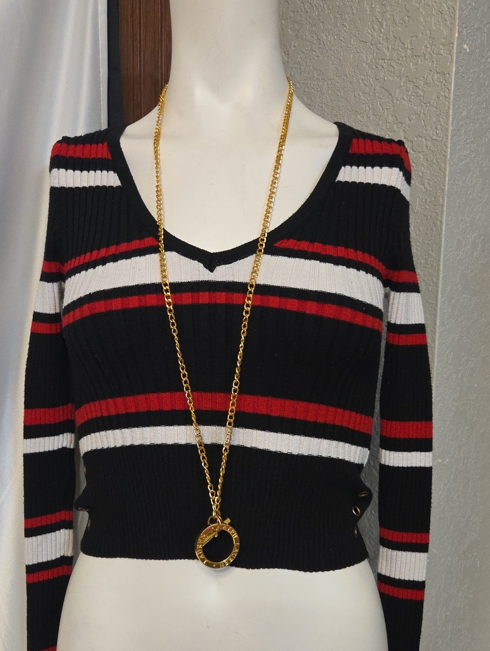 Lauren Ralph Lauren Black V-Neck Sweater with Red & White Stripes